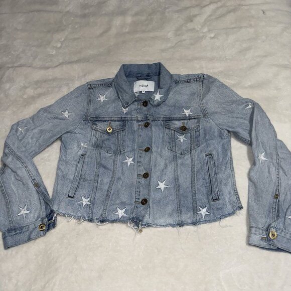 Women’s Pistola Denim Jean Jacket  Embroidered Stars Size Large - Picture 1 of 7